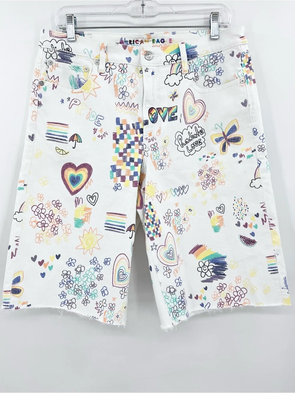 American Eagle Baggy Bermuda Pride Doodle Print Raw Hem Denim Shorts Size 8